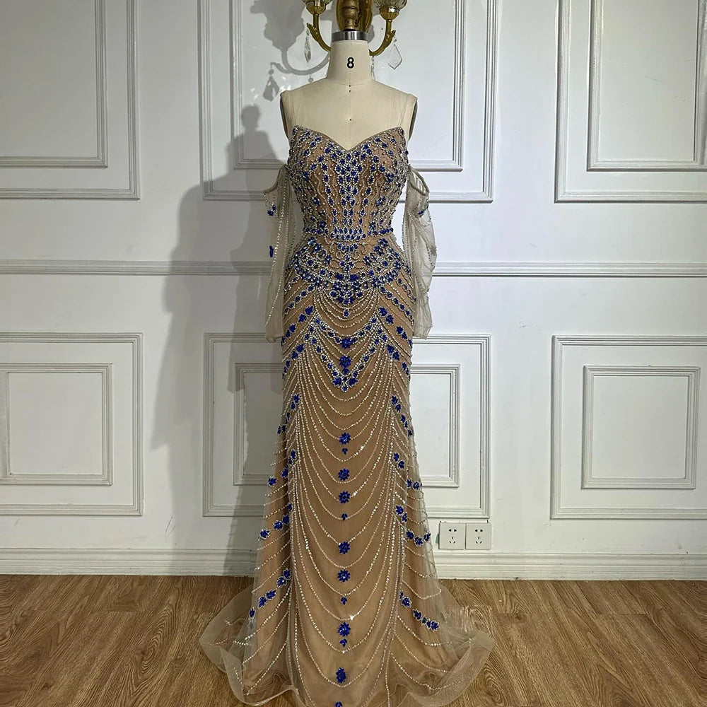 Luxuriöses blaues Abendkleid mit Perlen für formelle Anlässe LA72858