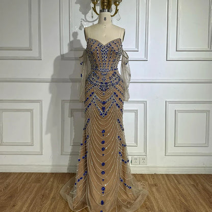 Luxuriöses blaues Abendkleid mit Perlen für formelle Anlässe LA72858