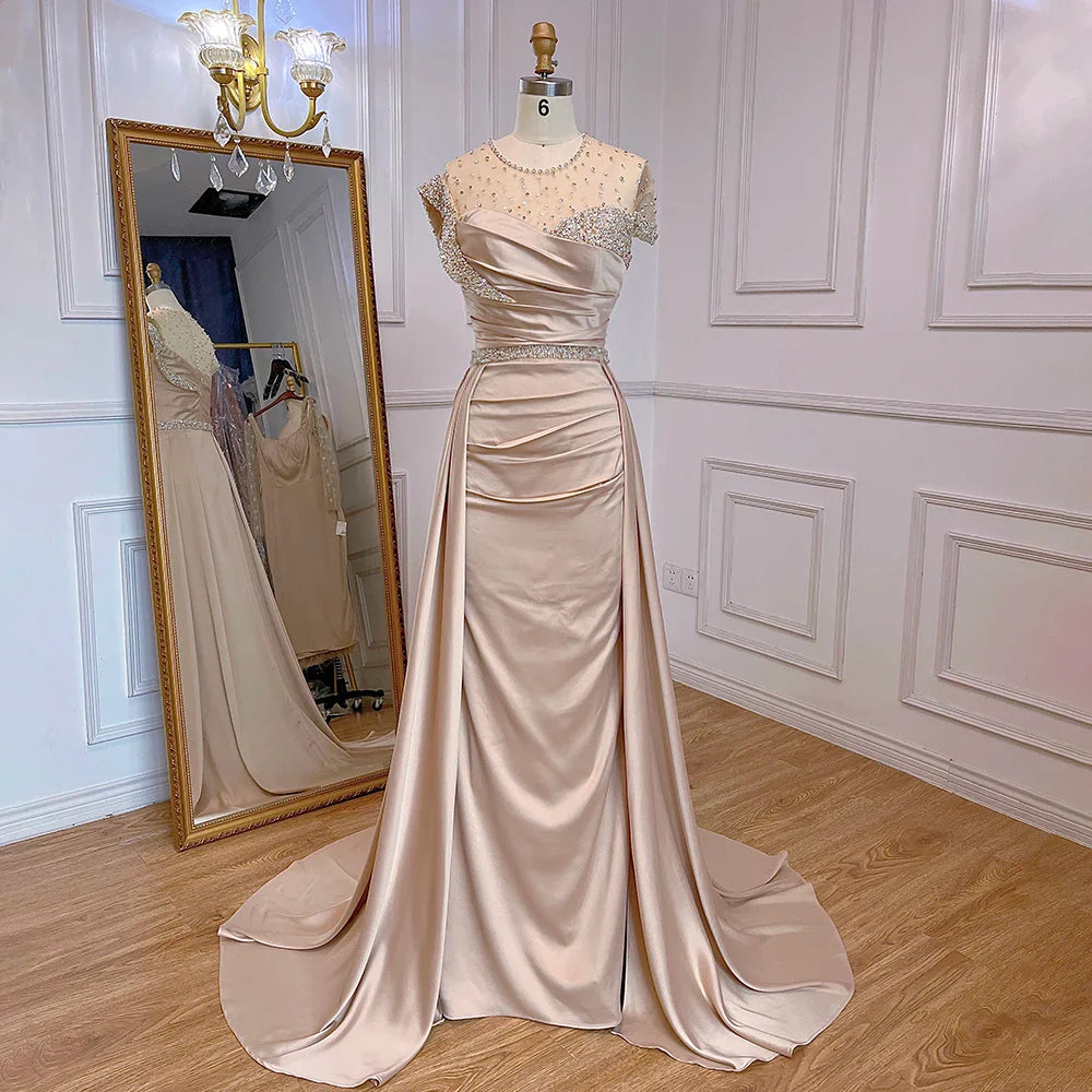 Elegante vestido de noche árabe de sirena color nude con sobrefalda de satén y cuentas, para mujer, 2025, para fiesta, LA71725 