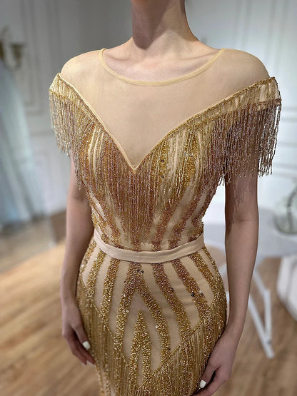 En oferta, sin devolución ni reembolso. Vestidos de noche elegantes de sirena sin mangas de lujo dorados con brillo LA6543.