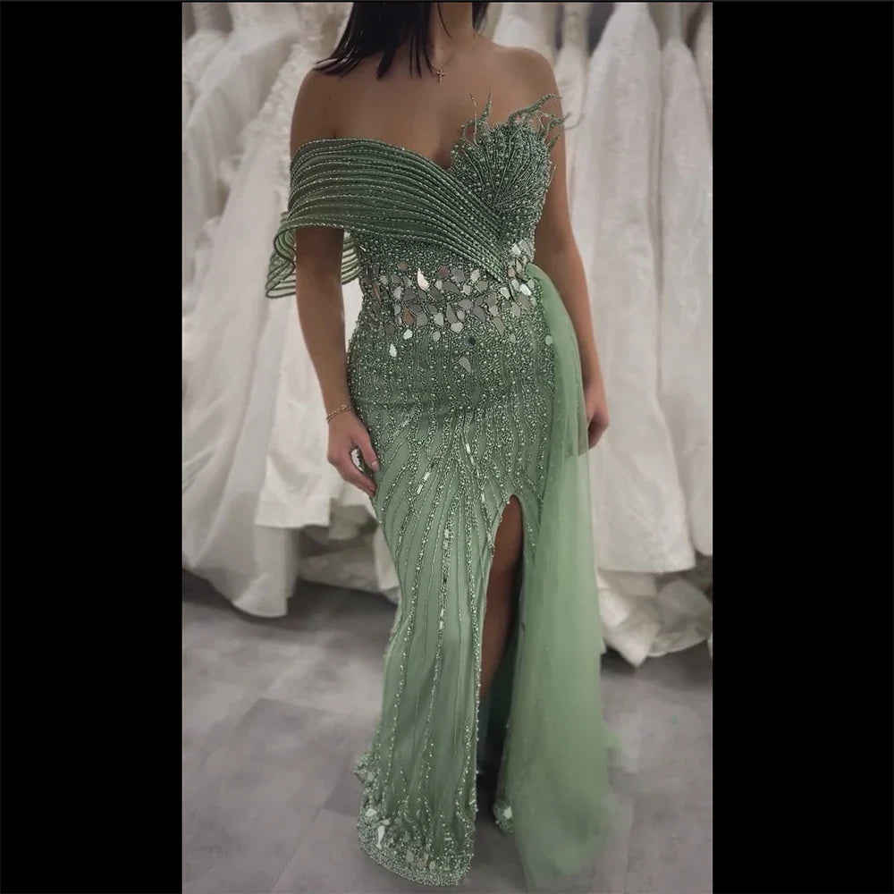 Rosa, perlenbesetztes One-Shoulder-Meerjungfrauen-Abendkleid mit Schlitz und Tülldetail für formelle Anlässe LA72888 2025