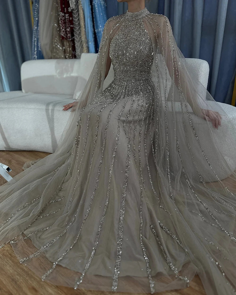 Vestido de noche saudí de lujo con cuentas, corte A, color caramelo árabe, manga larga, para ocasiones formales, LA72306B 