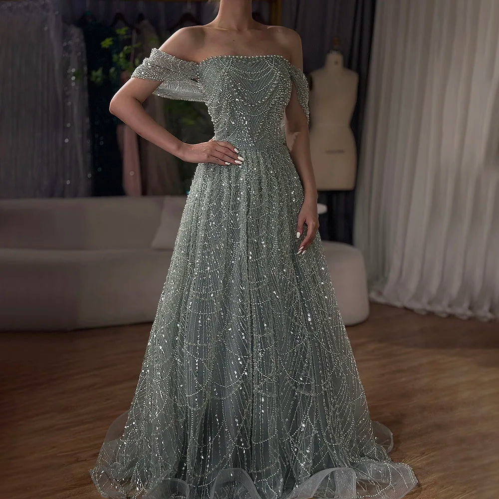 2025 Saudi Arabic Nude Pearls Beaded Design A-Line Evening Dresses Gowns for Formal Occasion LA72738