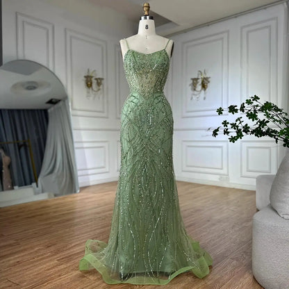 Luxus-Designer-Abendkleid mit Perlenbesatz in Salbeigrün und Überrock LA72733A