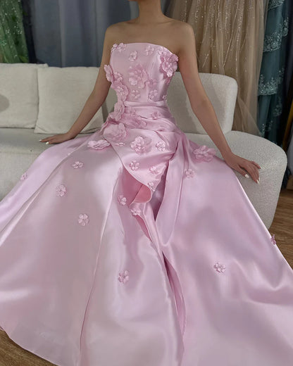 Vestido de noche estilo sirena con flores 3D rosas y sobrefalda desmontable LA72740