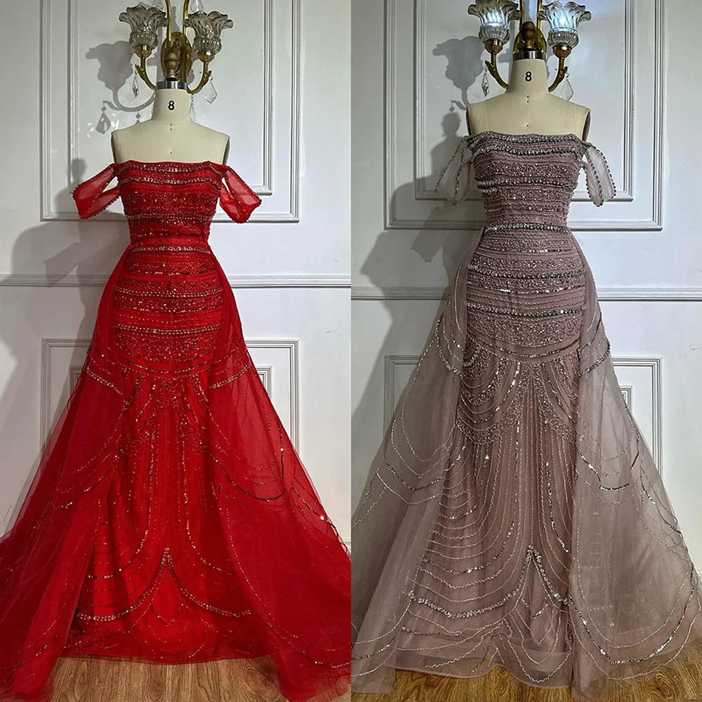 2025 Arabic Pink Mermaid Beaded Evening Gown with Detachable Satin Overskirt for Formal Occasion LA72781