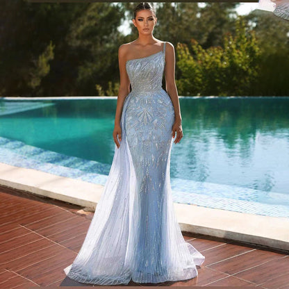 Elegante vestido de noche azul sirena con sobrefalda, sexy, de un solo hombro, de lujo, con cuentas, para mujer, fiesta, LA71730 