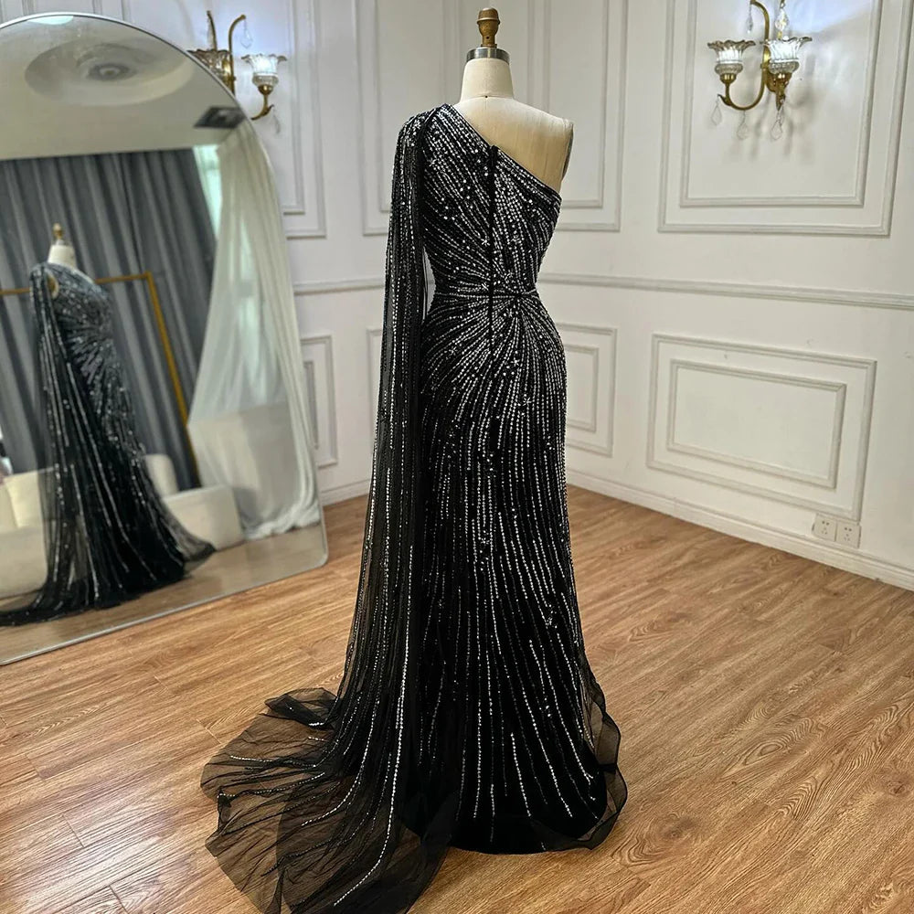 2025 Saudi Black High Split Mermaid One Shoulder Beaded Evening Dresses Gowns for Formal Occasion LA72829
