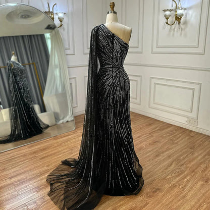 2025 Saudi Black High Split Mermaid One Shoulder Beaded Evening Dresses Gowns for Formal Occasion LA72829