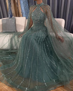 Arabisch Türkis EINE Linie Cape Ärmel Perlen Luxus Dubai Abendkleider Kleider Für Frauen Hochzeit Party 2025 LA72306A 