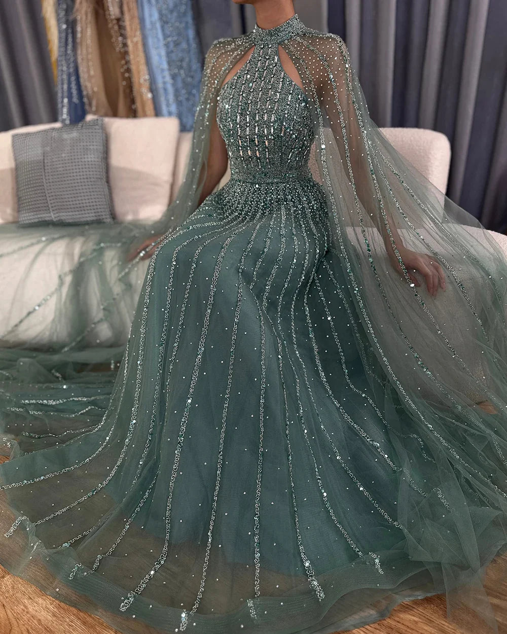 Arabic Turquoise A Line Cape Sleeve Beaded Luxury Dubai Evening Dresses Gowns For Women Wedding Party 2025 LA72306A
