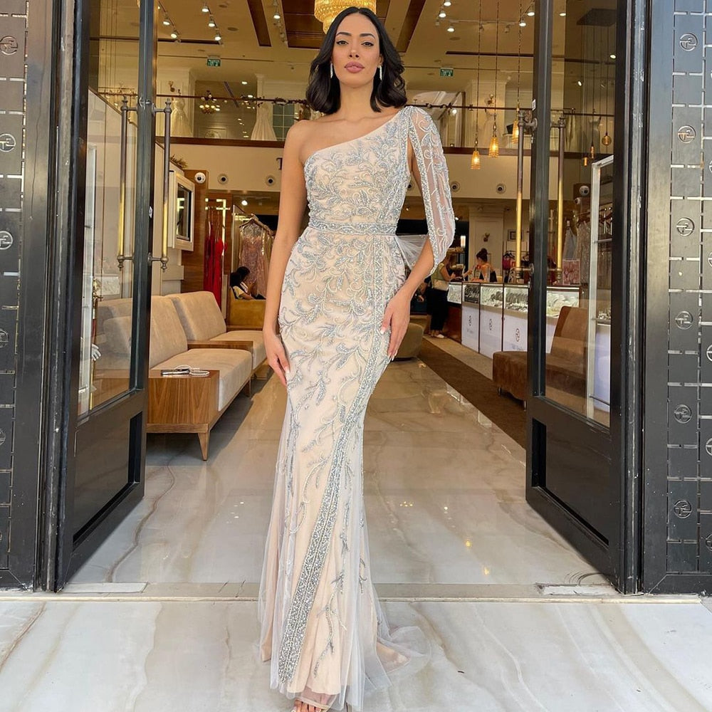 2025 Grey Nude One-Shoulder Evening Dresses Gowns Luxury Beaded Mermaid Elegant For Women Party LA71886