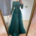 Vestidos de noche musulmanes verdes con cola, vestidos de sirena con cuentas, elegantes y lujosos para mujer, fiesta LA71107 