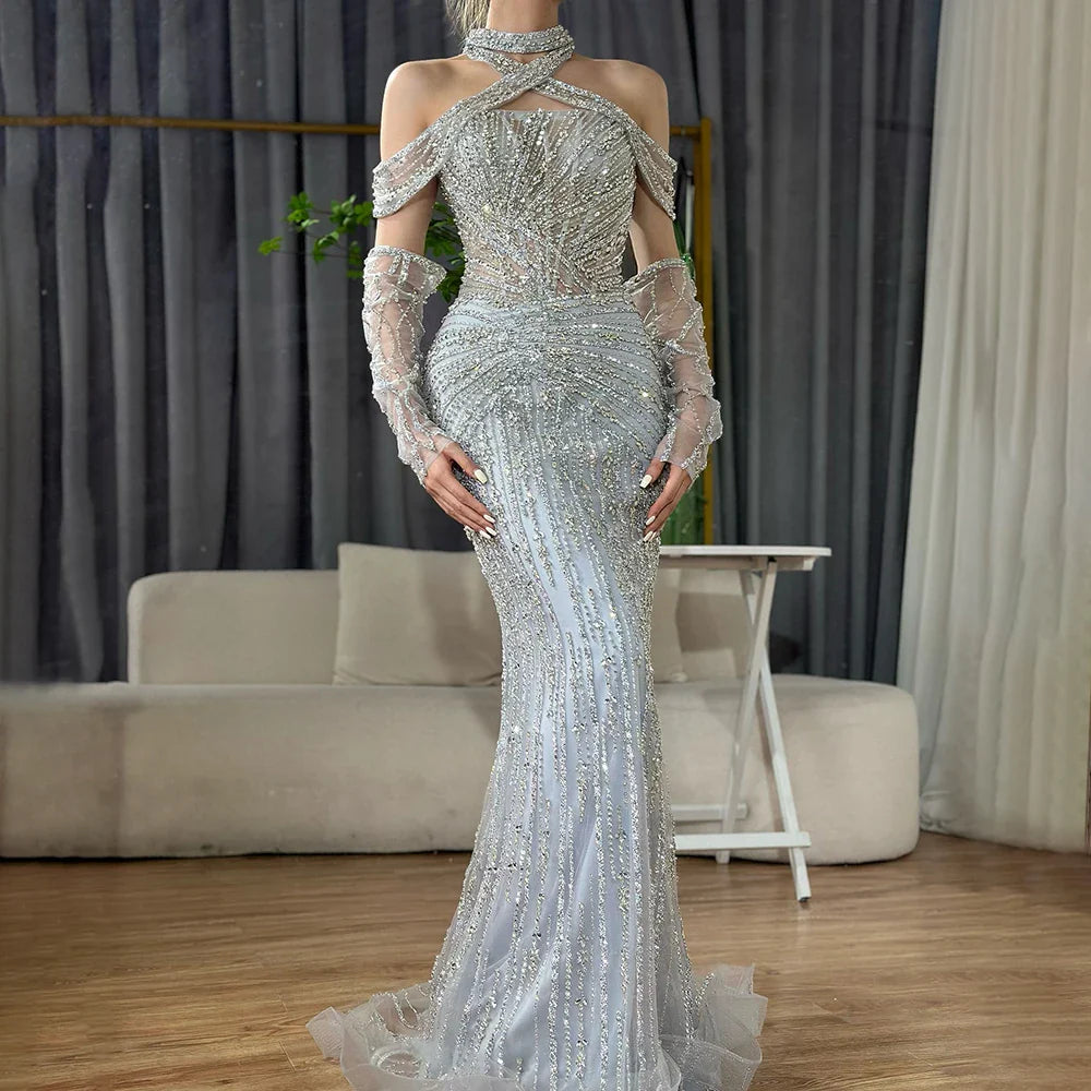 2025 Arabic Gray Decorative Halter Mermaid Luxury Dubai Evening Gown Beaded Dress for Women's Party LA72651
