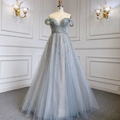 Vestido de noche de lujo con cuentas, corte A, sexy, con falda de tirantes y mangas cortas, color gris azulado, para mujer, fiesta, LA71740 