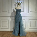 2025 Saudi Arabic Evening Gown for Formal Occasion Elegant Blue Beaded Dress with Slit LA72877