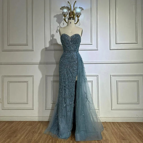 2025 Saudi Arabic Evening Gown for Formal Occasion Elegant Blue Beaded Dress with Slit LA72877