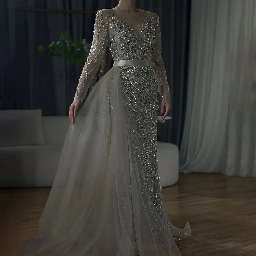 Elegante vestido de noche morado de sirena con falda de encaje y cuentas, ideal para bodas 2025 LA71752 