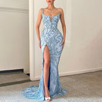 Vestido de noche azul de Dubái con escote sirena y abertura alta, tirantes finos, de lujo, con cuentas, para mujer, fiesta, LA72265 