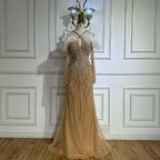 2025 Blue Feather Beaded Luxury Mermaid Evening Dresses Gowns for Women Formal Occasion LA72836
