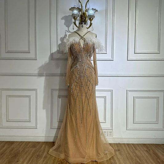 2025 Blue Feather Beaded Luxury Mermaid Evening Dresses Gowns for Women Formal Occasion LA72836