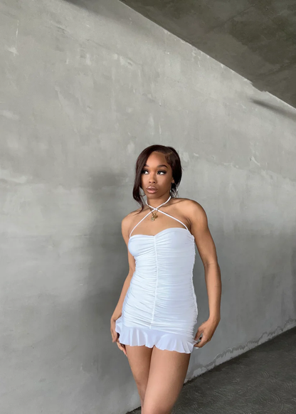White Bodycon Dress With Ruched White Mini Homecoming Dress Y2443