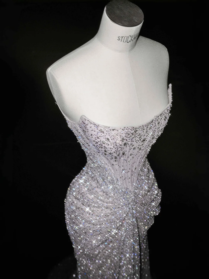 Glitzerndes lila Tüll-Ballkleid mit Perlen, trägerlos, Meerjungfrau-Abendkleid Y8664