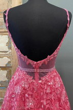 Vestido de fiesta largo de encaje rosa intenso con escote en V y cuentas, vestido de noche formal de graduación con encaje rosa intenso Y216