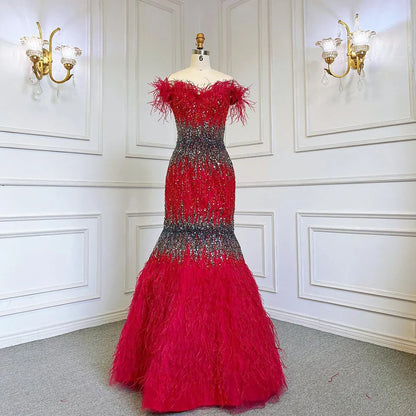 Dubai Rosa Sexy Meerjungfrau Abendkleider Design Luxus Kristall Federn Ärmellose Abendkleider 2025 LA70242 