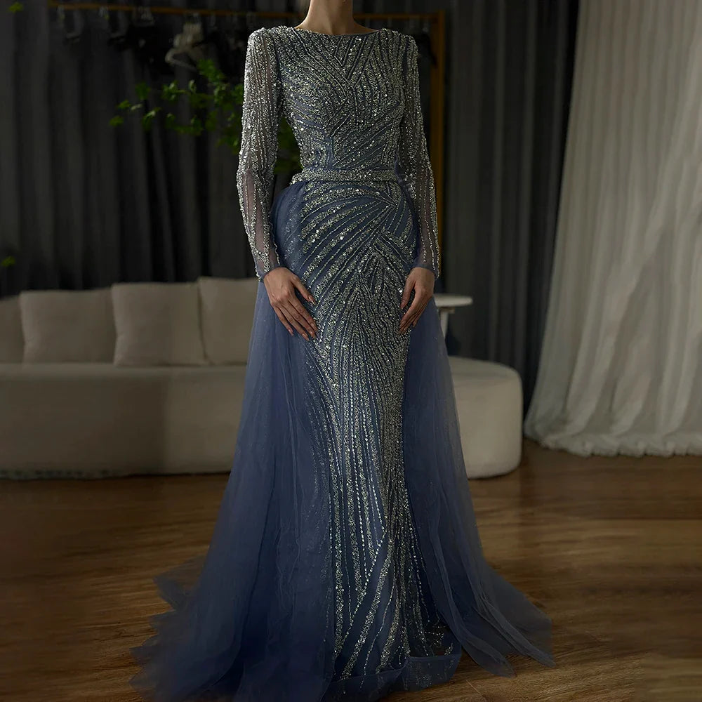 Vestidos de noche musulmanes de lujo en azul con cuentas y sirena de Dubái, con falda desmontable, 2025, para mujer, fiesta, LA71750 