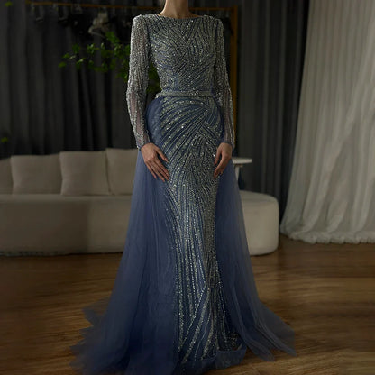 Vestidos de noche musulmanes de lujo en azul con cuentas y sirena de Dubái, con falda desmontable, 2025, para mujer, fiesta, LA71750 