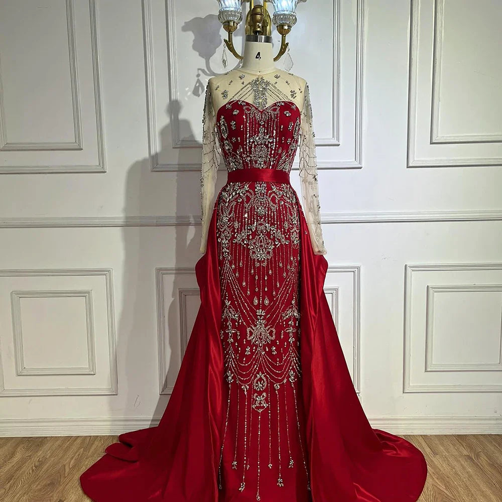 Luxuriöses, perlenbesetztes, blaues Abendkleid mit langen Ärmeln und Überrock LA72757