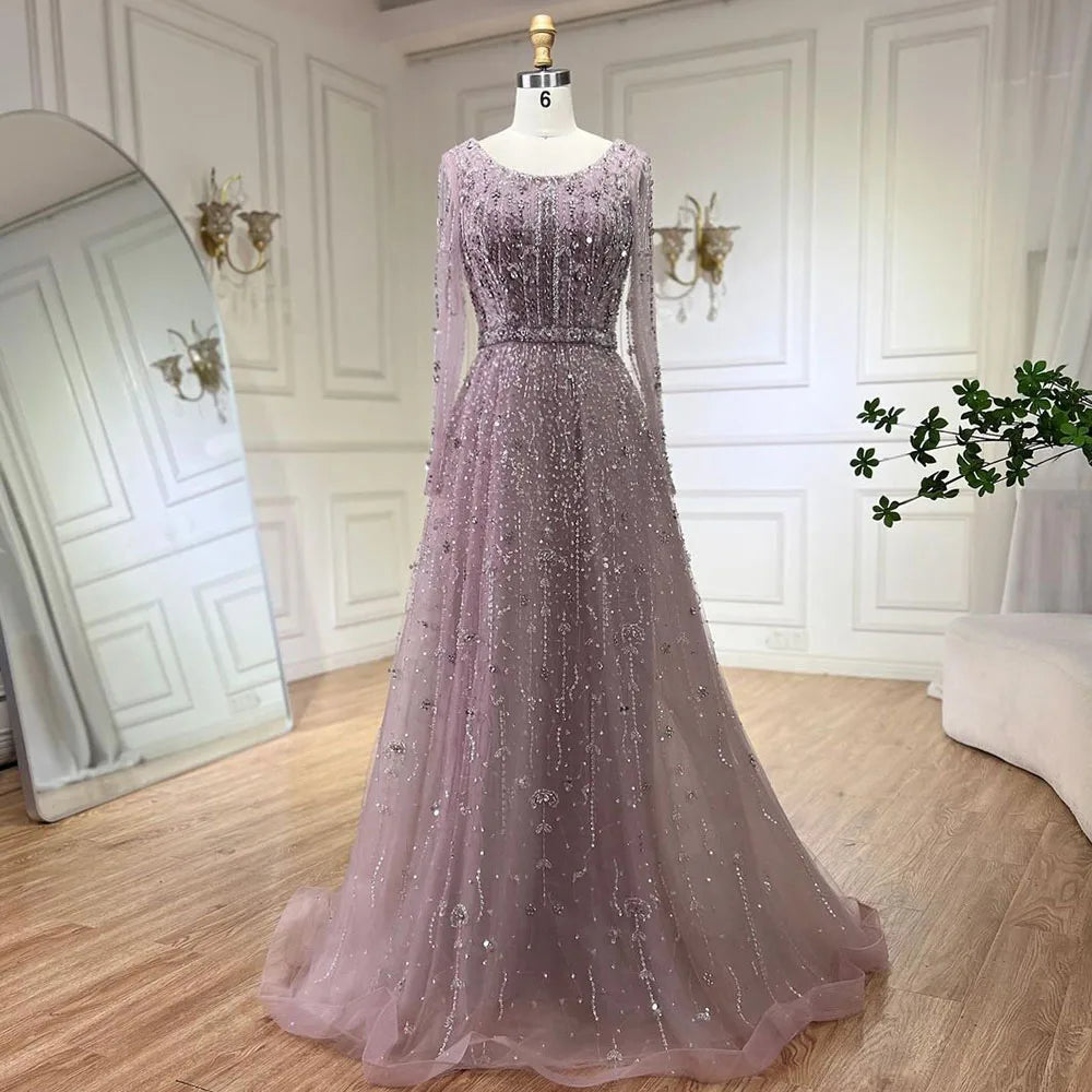Vestidos de noche de lujo de diseñador árabe de Dubái, color nude, corte A, con cuentas, para mujer, para boda, fiesta, 2025, LA72088 