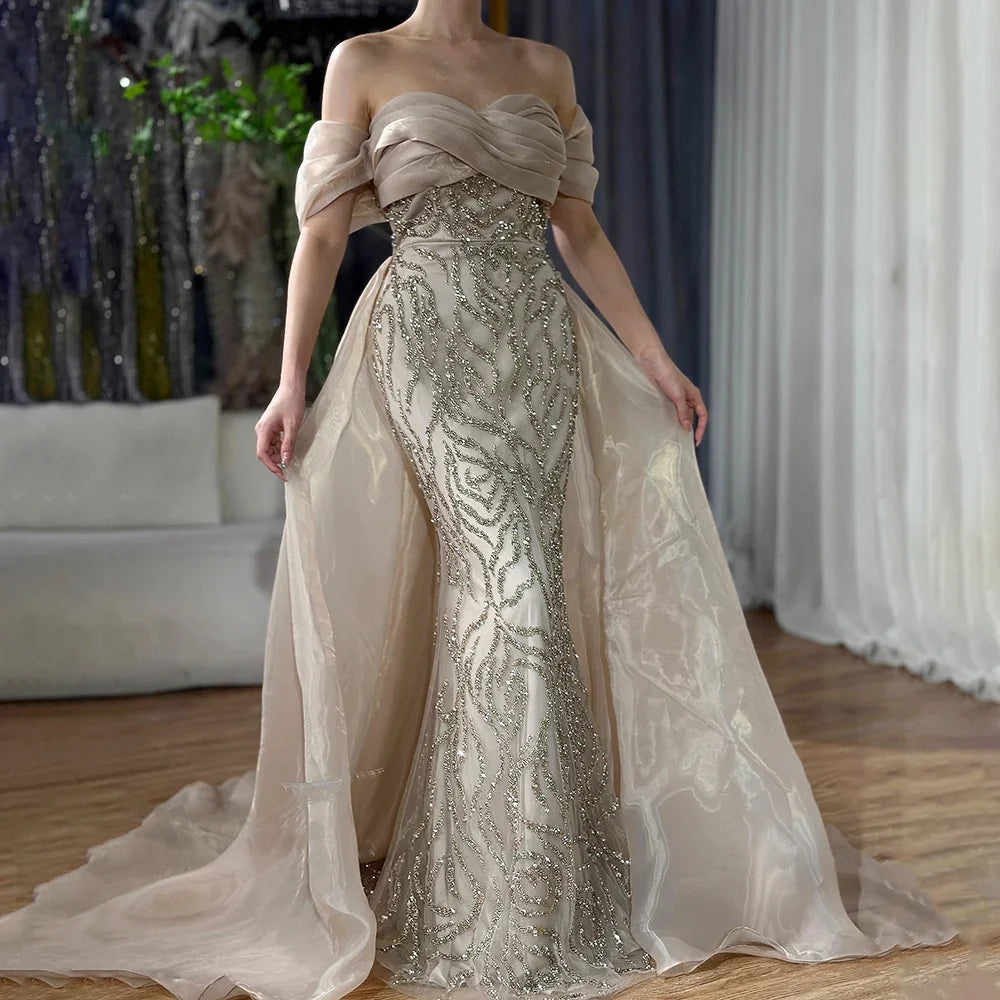Arabic White Beaded Mermaid Elegant With Overskirt Luxury Dubai Evening Dresses Gowns for Women's Party 2025 LA72398