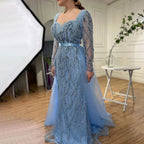 Blaue Meerjungfrau Luxus Perlen Perlen Arabisch Elegante Abendkleider Kleider Für Frau Hochzeit Party LA71861 