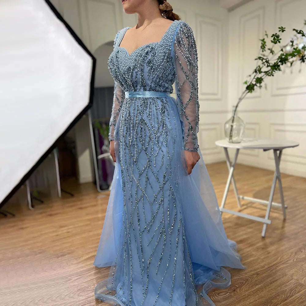 Vestido de noche elegante árabe con cuentas y perlas de lujo de sirena azul para mujer, fiesta de bodas LA71861 