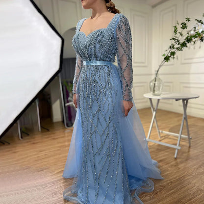 Vestido de noche elegante árabe con cuentas y perlas de lujo de sirena azul para mujer, fiesta de bodas LA71861 