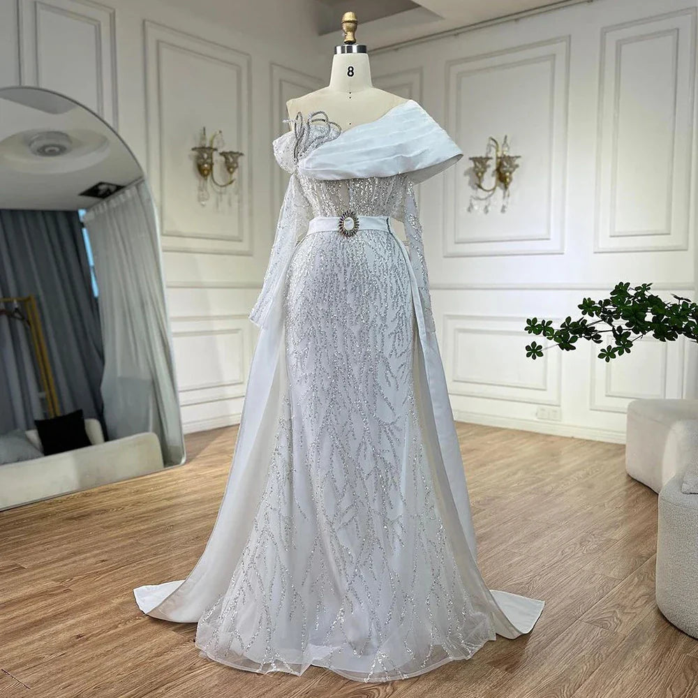 Vestidos de noche de lujo con cuentas y perlas árabes color nude, elegantes vestidos de fiesta de boda de Dubái con un solo hombro, LA72486 2025 