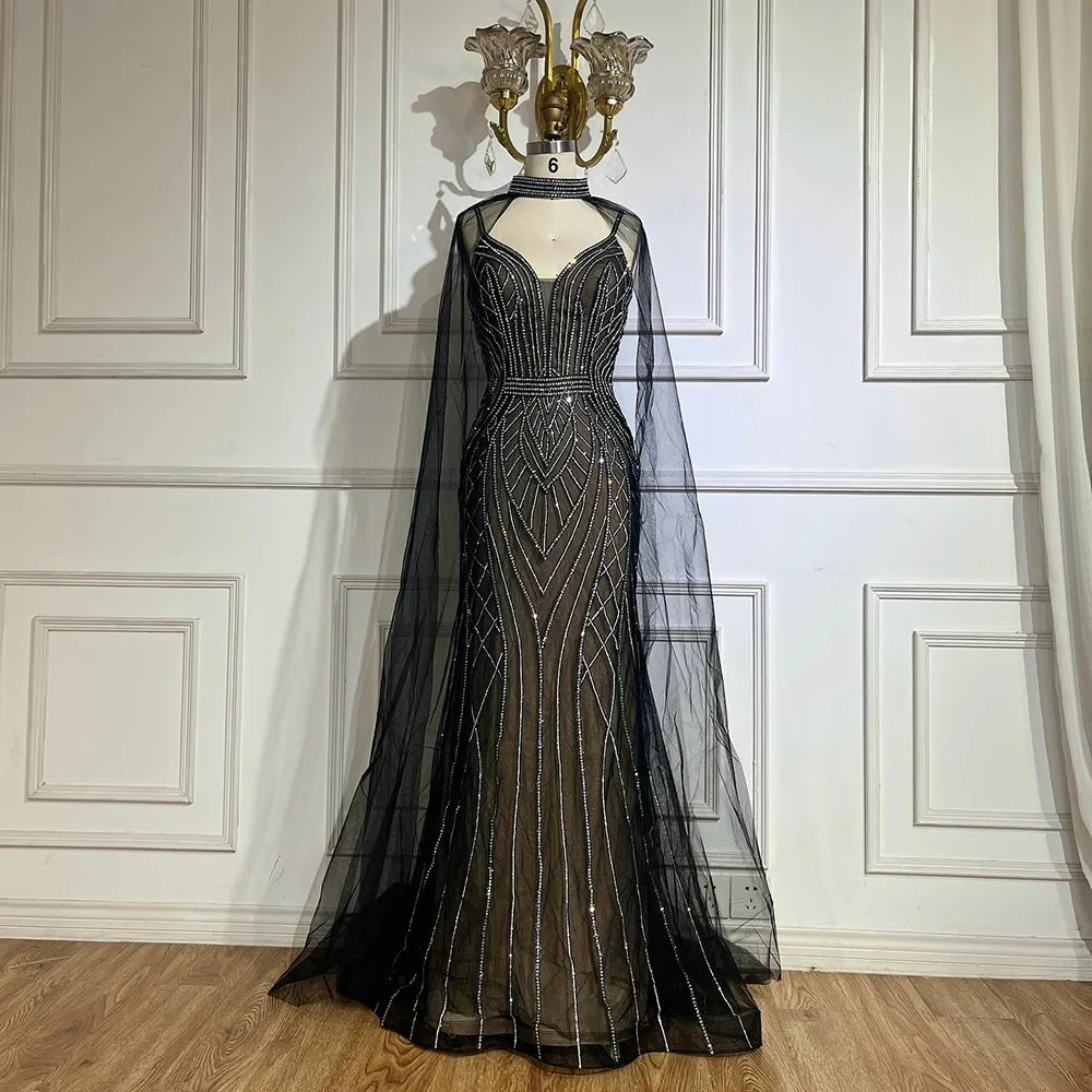 Vestido de noche árabe de sirena verde saudí 2025 con mangas de capa con cuentas para ocasiones formales LA72838 