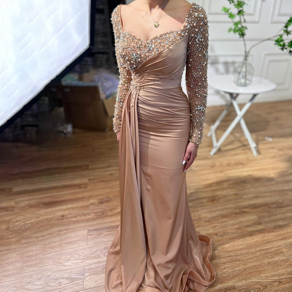 Elegante vestido de noche musulmán de sirena color caramelo con sobrefalda de encaje y cuentas de lujo para mujer, vestido de fiesta LA72025 