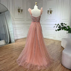 Arabisches elegantes pfirsichfarbenes Perlen-A-Linien-Abendkleid 2025 mit U-Boot-Ausschnitt, Luxuskleid für Frauen, langes Partykleid LA72324
