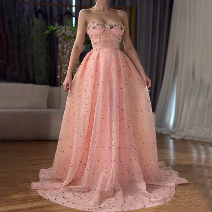 Vestido de noche de tul ilusión sin mangas con flores de colores y perlas, moda playera LA6490