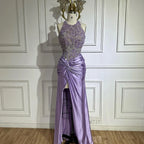 2025 Arabic Lilac Halter Neck Side Split Mermaid Luxury Dubai Evening Gown Beaded Dress for Women's Party LA72668