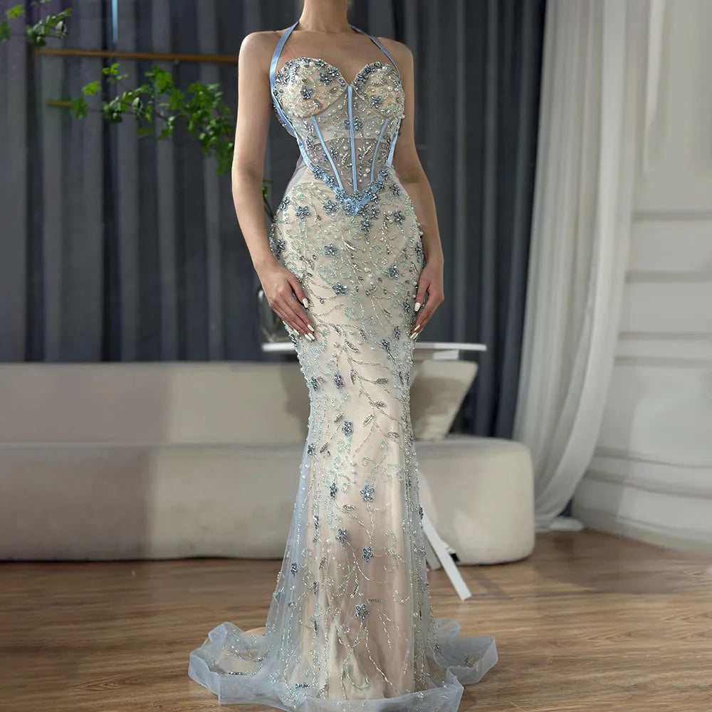 Vestido de noche árabe de lujo con escote sirena azul de Dubái, con cuentas y tirantes finos, para mujer, para boda, 2025, LA72330 