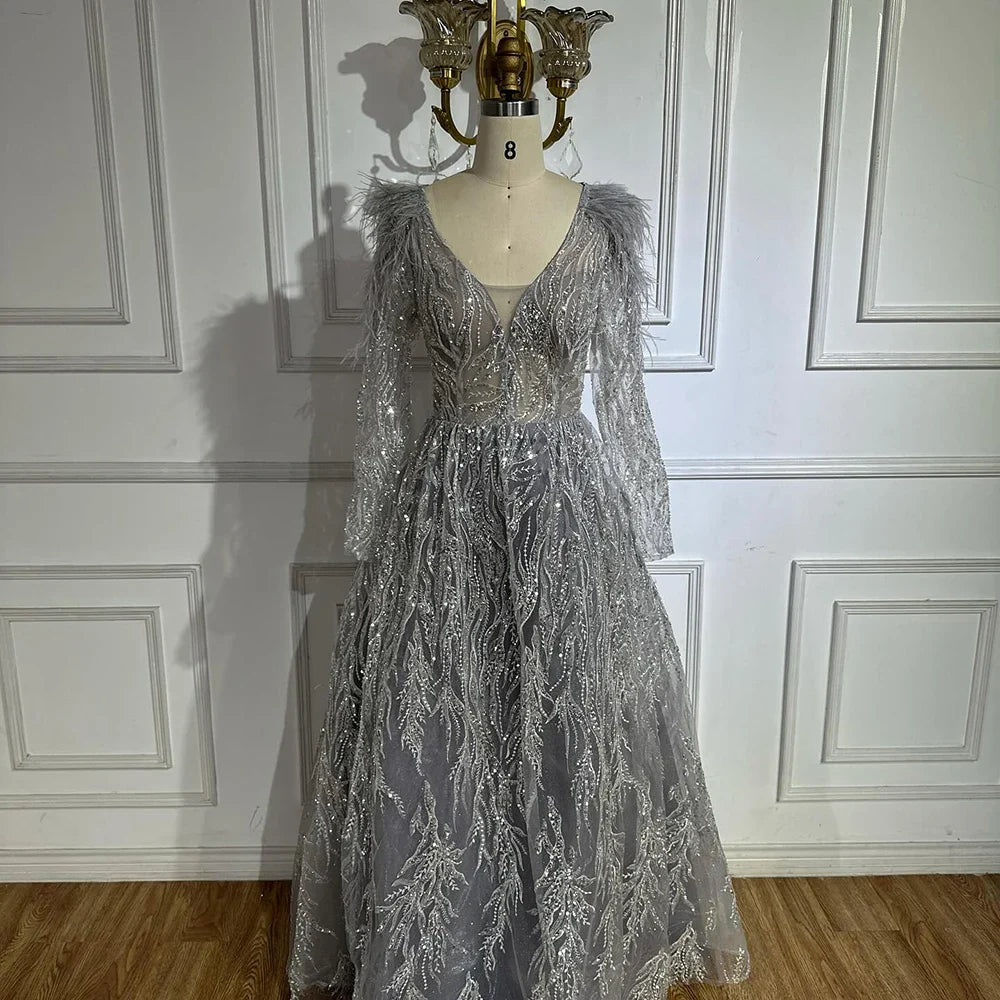 Vestidos de noche largos musulmanes beige con plumas y cuentas, de lujo, estilo Dubái, para mujer, para fiesta de boda, LA72172 