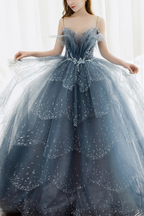 Blaues, perlenbesetztes, langes A-Linien-Ballkleid aus Tüll, blaues Abendkleid Y1579