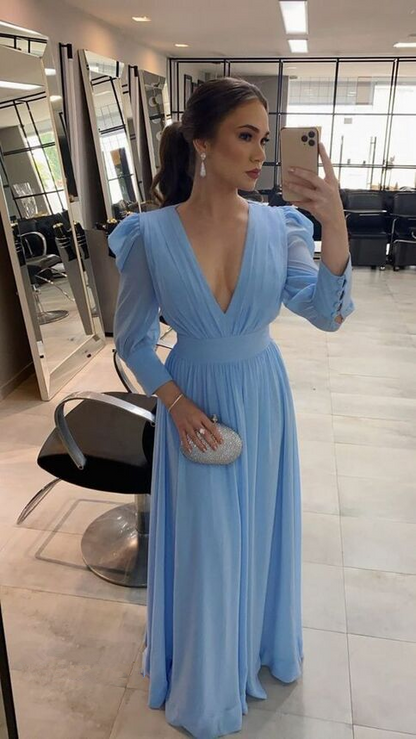 Vestido de fiesta de gasa azul claro con mangas largas, vestido de noche Y5747