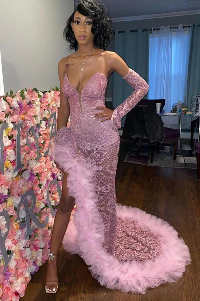 Sexy Dunkelrosa Tüll Ballkleider | Herzausschnitt Tiefer Schlitz Abendkleid Y1739