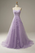Elegantes vestidos de fiesta color lavanda, vestido de noche corte A, vestido de fiesta con apliques Y1129