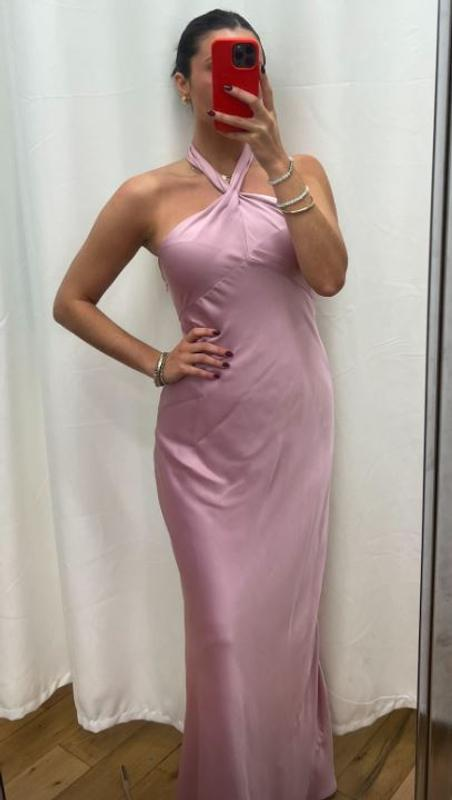 Einfaches Neckholder-Rosa Satin Langes Ballkleid Formales Abendkleid Y8450